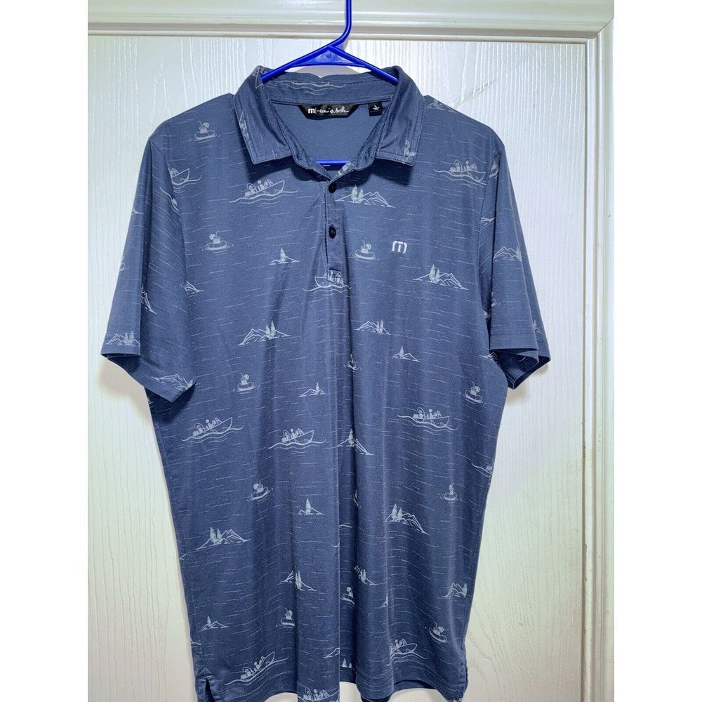 Travis Mathew Fun and Games‎ Polo Shirt Mens L Navy BOAT Print Short Sleeve